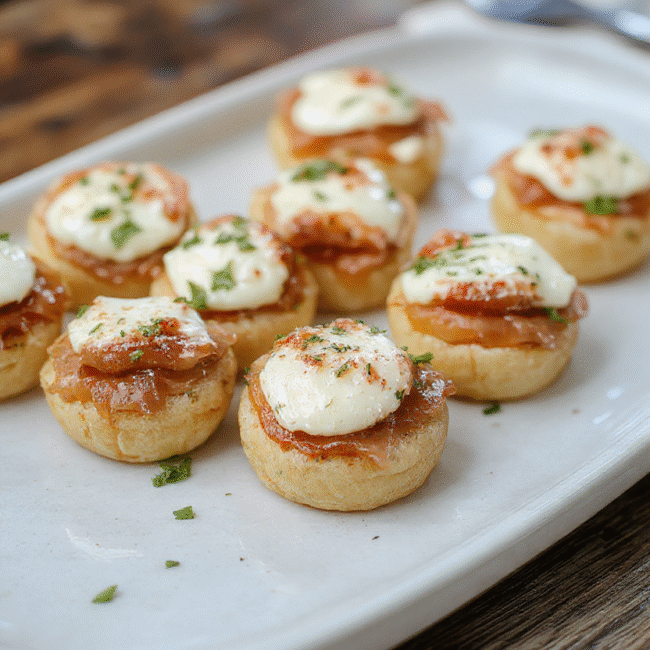 Golden brown prosciutto wrapped mozzarella bites arranged on a rustic white plate, garnished with fresh basil leaves, showcasing crispy edges, gooey melted cheese in the center, with a vibrant green and white background for a fresh, appetizing look.