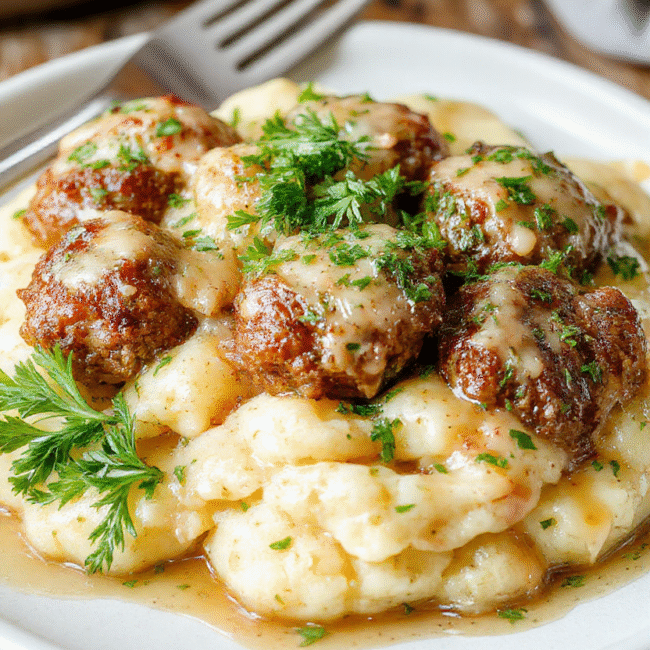 A close-up of savory Salisbury steak meatballs topped with rich gravy, paired with creamy garlic herb mashed potatoes. The dish is beautifully plated on a rustic wooden table, with a sprig of fresh herbs and a drizzle of gravy highlighting the hearty, comforting presentation. The textures are inviting, with tender meatballs and smooth mashed potatoes, styled in a warm, cozy setting to evoke family dinner vibes.