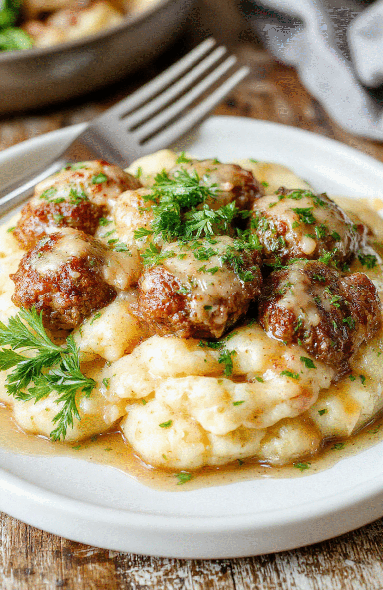 A close-up of savory Salisbury steak meatballs topped with rich gravy, paired with creamy garlic herb mashed potatoes. The dish is beautifully plated on a rustic wooden table, with a sprig of fresh herbs and a drizzle of gravy highlighting the hearty, comforting presentation. The textures are inviting, with tender meatballs and smooth mashed potatoes, styled in a warm, cozy setting to evoke family dinner vibes.