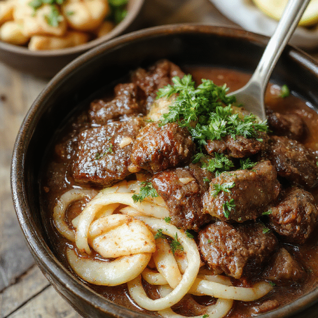 A warm bowl of beef and noodles on a rustic wooden table, steam rising, sliced tender beef, thick noodles, vibrant green herbs, cozy and inviting presentation with a soft-focus background.