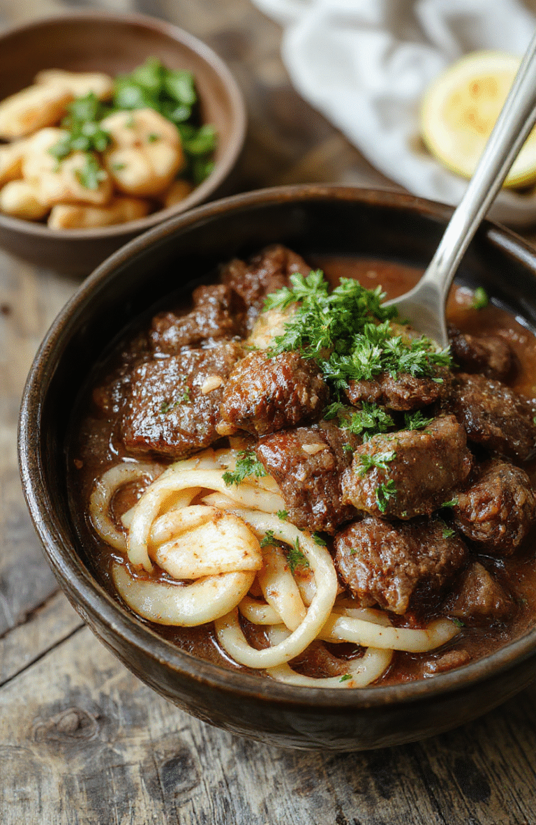 A warm bowl of beef and noodles on a rustic wooden table, steam rising, sliced tender beef, thick noodles, vibrant green herbs, cozy and inviting presentation with a soft-focus background.