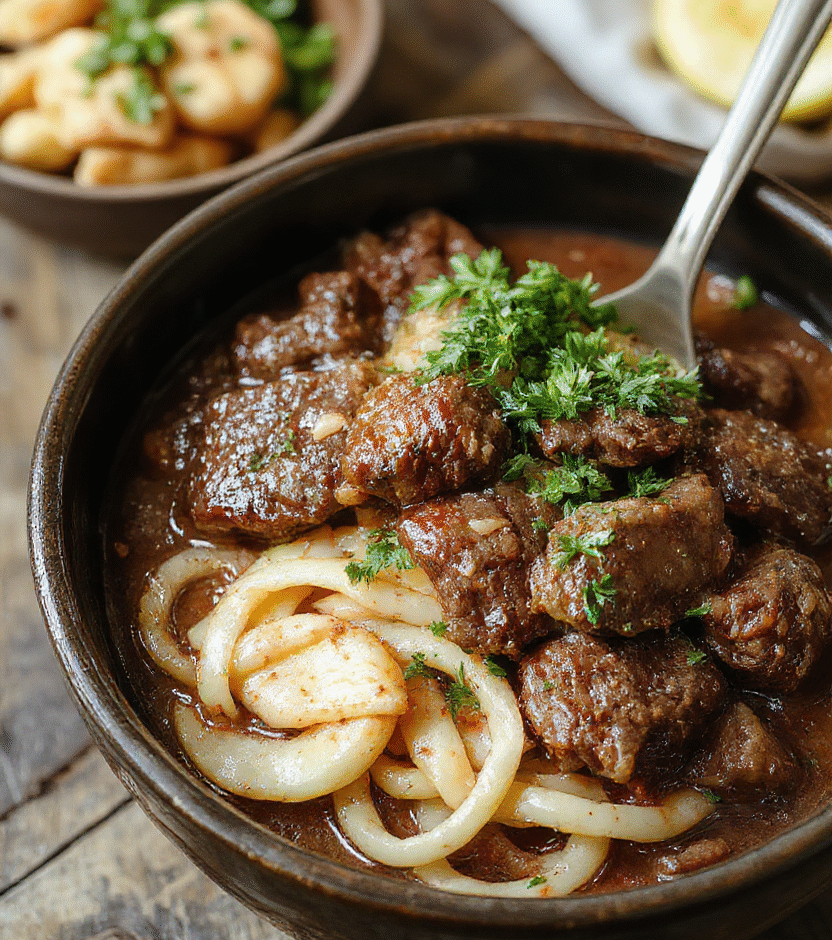 A warm bowl of beef and noodles on a rustic wooden table, steam rising, sliced tender beef, thick noodles, vibrant green herbs, cozy and inviting presentation with a soft-focus background.