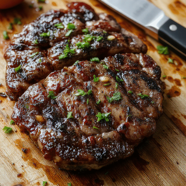 A vibrant plate of tender pepper steak slices with colorful bell peppers and onions, glazed in a savory sauce, served on a rustic wooden cutting board with fresh herbs scattered around, highlighting the rich textures and appetizing colors.