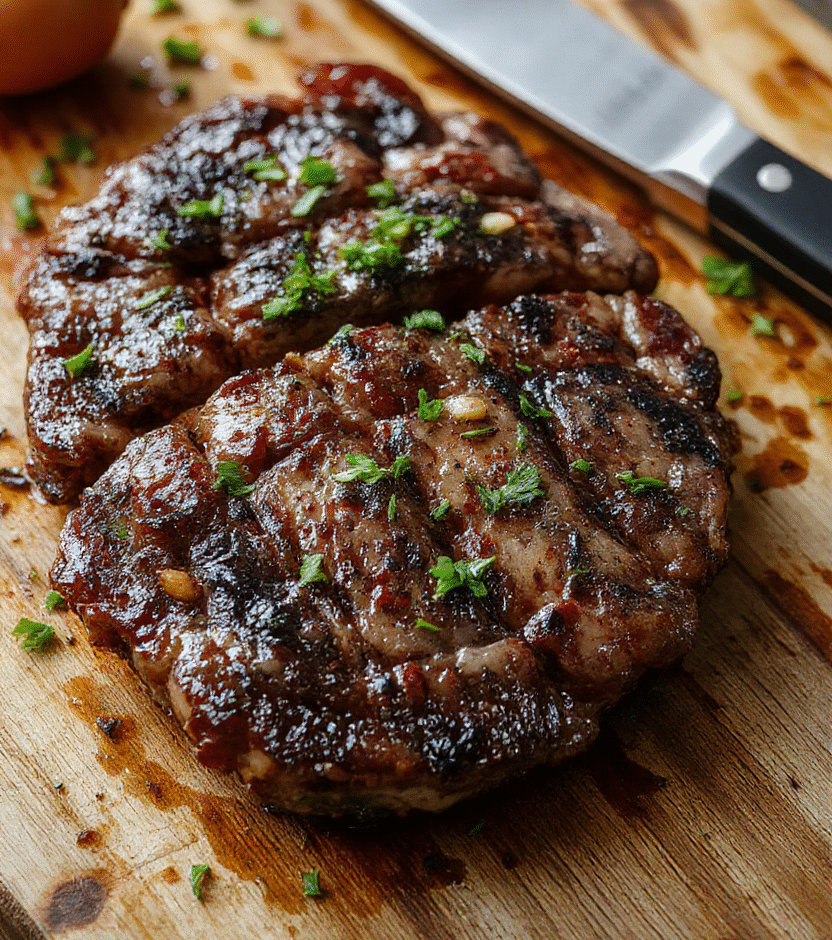 A vibrant plate of tender pepper steak slices with colorful bell peppers and onions, glazed in a savory sauce, served on a rustic wooden cutting board with fresh herbs scattered around, highlighting the rich textures and appetizing colors.
