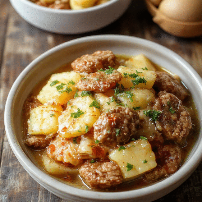 A hearty sausage and potato casserole served in a rustic white dish. Golden-brown sausage links are nestled among tender, crispy potatoes with herbs. The dish is garnished with fresh parsley, and the vibrant colors contrast beautifully against a dark wooden background, emphasizing the warm, comforting textures and crispy edges that make this dish inviting and perfect for cozy nights.