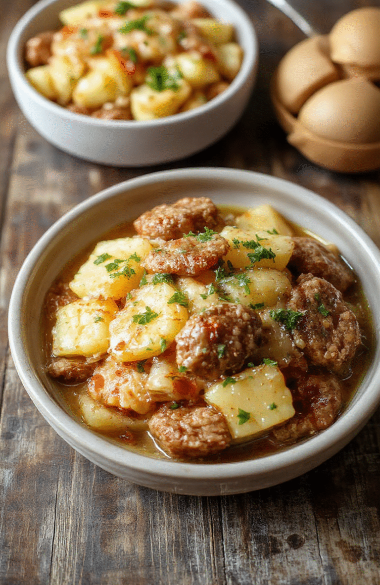 A hearty sausage and potato casserole served in a rustic white dish. Golden-brown sausage links are nestled among tender, crispy potatoes with herbs. The dish is garnished with fresh parsley, and the vibrant colors contrast beautifully against a dark wooden background, emphasizing the warm, comforting textures and crispy edges that make this dish inviting and perfect for cozy nights.