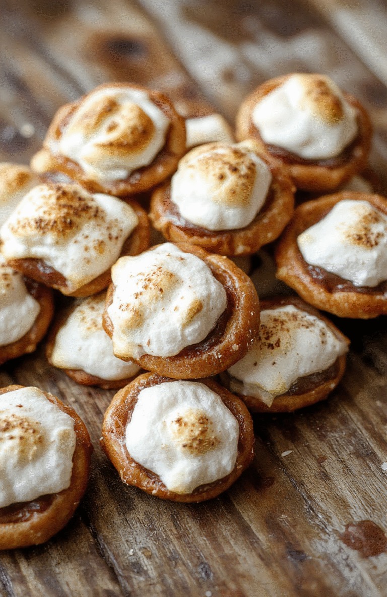Colorful pretzel bites topped with melted marshmallow and drizzled chocolate, arranged on a rustic wooden surface with scattered pretzels and cocoa powder for a vibrant and inviting look.