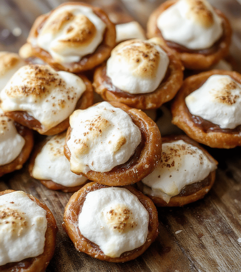 Colorful pretzel bites topped with melted marshmallow and drizzled chocolate, arranged on a rustic wooden surface with scattered pretzels and cocoa powder for a vibrant and inviting look.