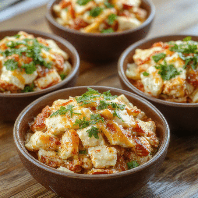 Colorful Southwest chicken burrito bowls arranged on a rustic wooden table. The bowls feature seasoned grilled chicken, vibrant black beans, corn, fresh chopped tomatoes, shredded cheese, and green cilantro. The textures of the crispy chips and smooth avocado slices add visual appeal, with a sprinkle of lime wedges and a side of salsa completing the scene. The presentation is casual yet appetizing, inviting a wholesome and flavorful meal.