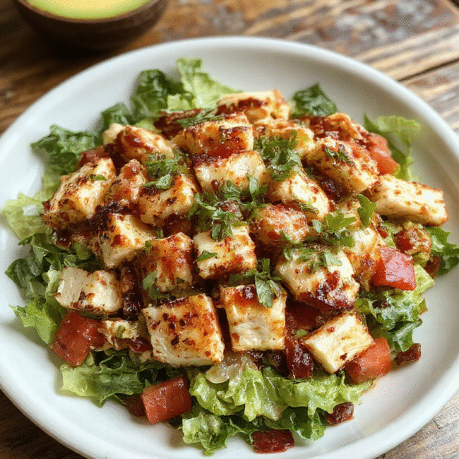 A colorful Southwest chicken salad served in a white bowl, featuring shredded grilled chicken, vibrant cherry tomatoes, sliced avocado, black beans, corn kernels, and fresh cilantro, drizzled with a tangy lime dressing, all on a rustic wooden table with a bright background.