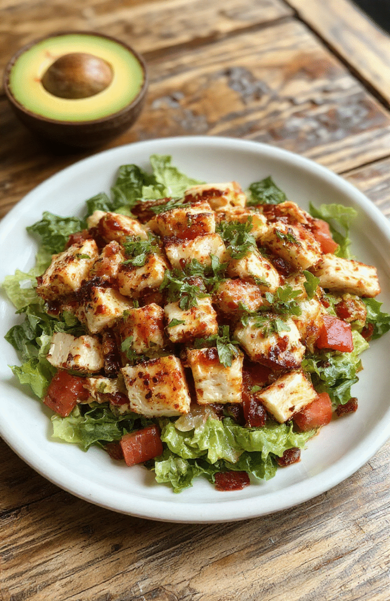 A colorful Southwest chicken salad served in a white bowl, featuring shredded grilled chicken, vibrant cherry tomatoes, sliced avocado, black beans, corn kernels, and fresh cilantro, drizzled with a tangy lime dressing, all on a rustic wooden table with a bright background.