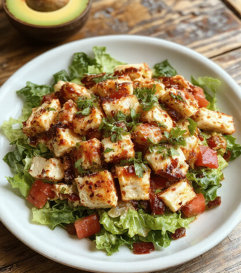 A colorful Southwest chicken salad served in a white bowl, featuring shredded grilled chicken, vibrant cherry tomatoes, sliced avocado, black beans, corn kernels, and fresh cilantro, drizzled with a tangy lime dressing, all on a rustic wooden table with a bright background.