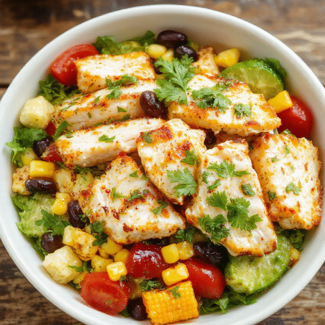 Colorful southwest chicken salad served in a white bowl, featuring grilled chicken strips, cherry tomatoes, black beans, corn, shredded cheese, and fresh cilantro, dressed with a tangy vinaigrette, all on a rustic wooden table with vibrant natural lighting and a casual presentation.