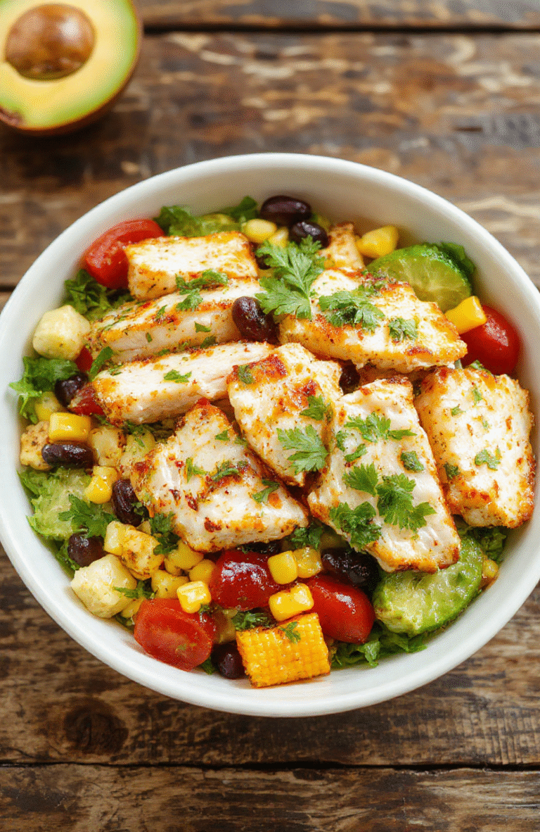 Colorful southwest chicken salad served in a white bowl, featuring grilled chicken strips, cherry tomatoes, black beans, corn, shredded cheese, and fresh cilantro, dressed with a tangy vinaigrette, all on a rustic wooden table with vibrant natural lighting and a casual presentation.