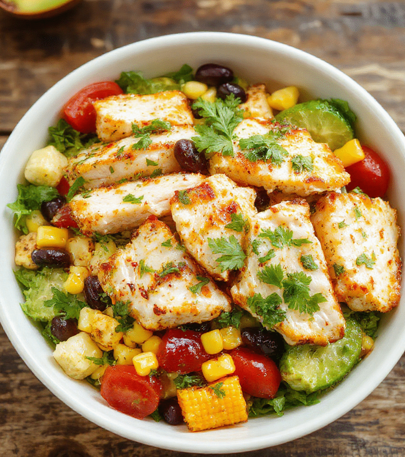 Colorful southwest chicken salad served in a white bowl, featuring grilled chicken strips, cherry tomatoes, black beans, corn, shredded cheese, and fresh cilantro, dressed with a tangy vinaigrette, all on a rustic wooden table with vibrant natural lighting and a casual presentation.