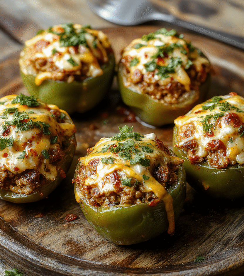 Colorful bell peppers halved and filled with seasoned ground beef, black beans, corn, and melted cheese, garnished with fresh cilantro on a rustic wooden background, with a glossy finish showcasing the vibrant ingredients and textures.