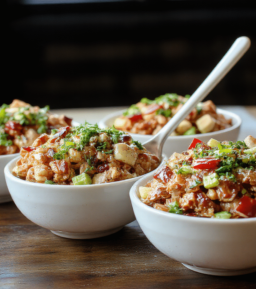 Colorful teriyaki ground turkey served over steaming white rice, garnished with vibrant green sliced scallions and glossy sesame seeds; the bowl is arranged neatly on a rustic wooden surface with a backdrop of fresh ingredients, capturing textures of tender turkey, sticky rice, and crisp vegetables, styled simply for an inviting look.