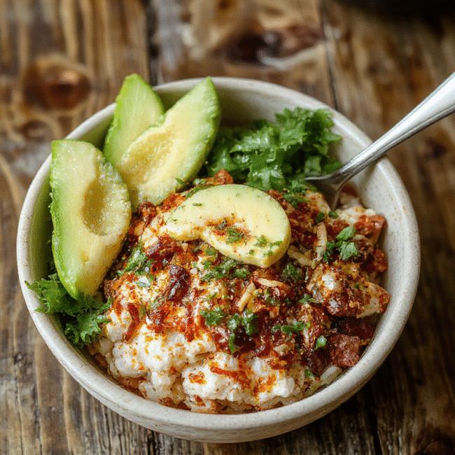Colorful taco rice bowl plated with seasoned ground beef, vibrant tomatoes, crispy lettuce, shredded cheese, and dollops of sour cream on a rustic wooden table