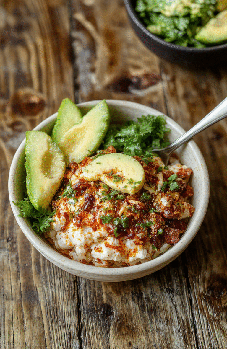 Colorful taco rice bowl plated with seasoned ground beef, vibrant tomatoes, crispy lettuce, shredded cheese, and dollops of sour cream on a rustic wooden table