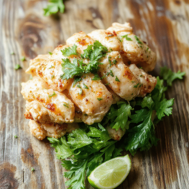 A vibrant plate of shredded cilantro lime chicken garnished with fresh cilantro and lime wedges, served atop a rustic wooden table with a colorful side of rice and avocado slices, showcasing tender, juicy textures and bright, fresh ingredients.