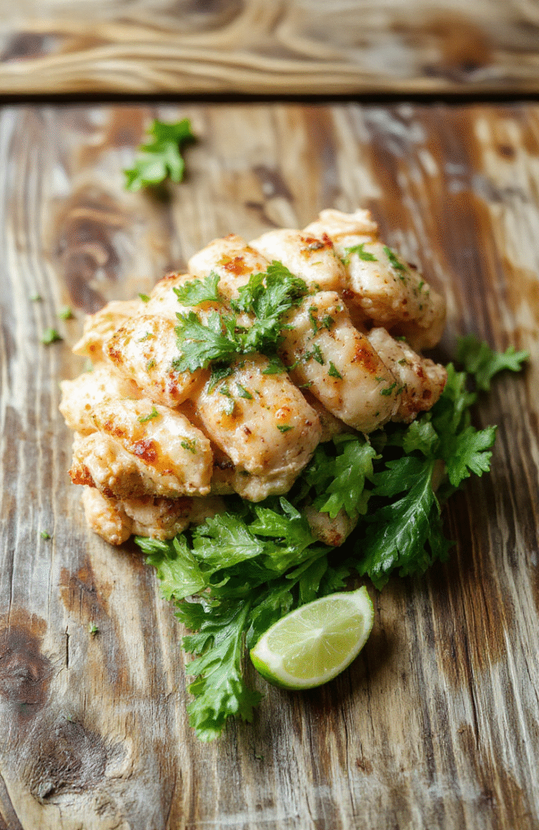A vibrant plate of shredded cilantro lime chicken garnished with fresh cilantro and lime wedges, served atop a rustic wooden table with a colorful side of rice and avocado slices, showcasing tender, juicy textures and bright, fresh ingredients.
