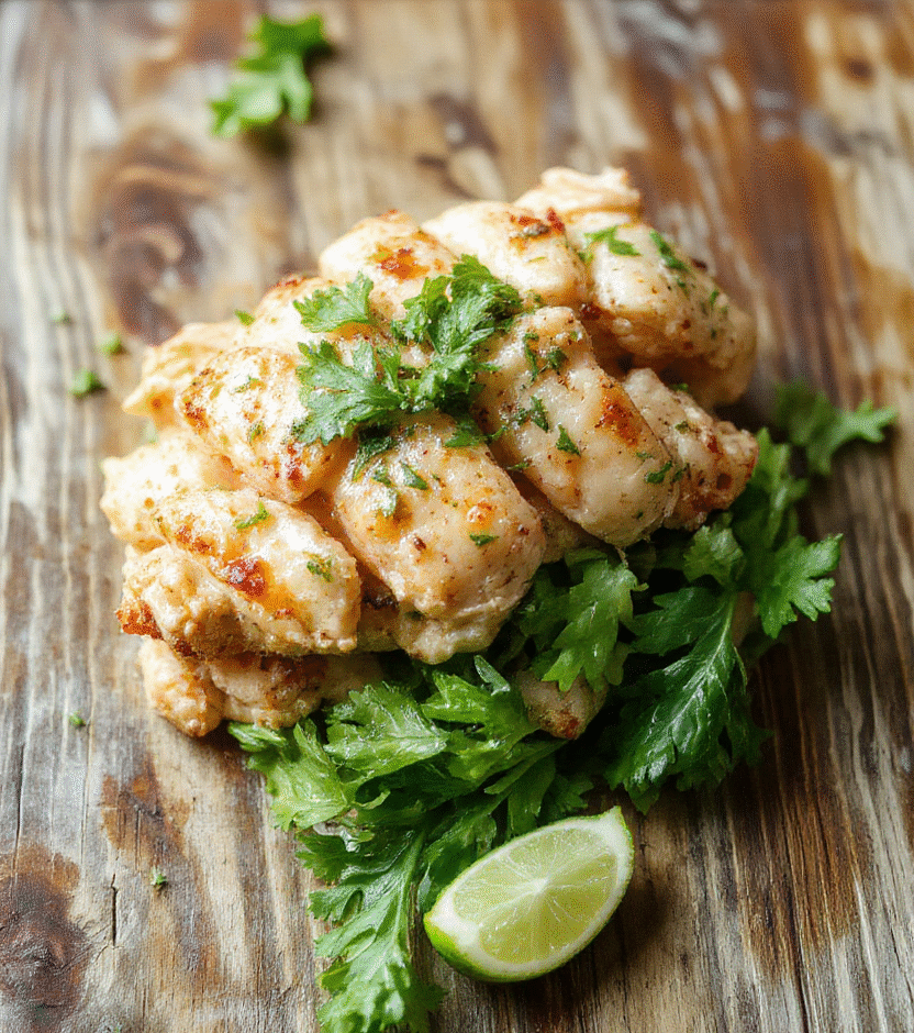 A vibrant plate of shredded cilantro lime chicken garnished with fresh cilantro and lime wedges, served atop a rustic wooden table with a colorful side of rice and avocado slices, showcasing tender, juicy textures and bright, fresh ingredients.