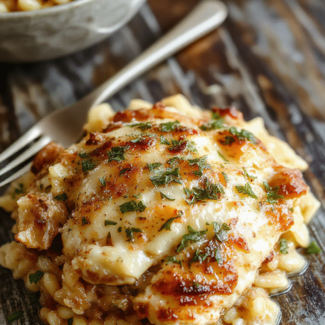 A colorful casserole dish filled with golden baked chicken, creamy orzo pasta, caramelized onions, melted cheese, sprinkled with herbs, styled on a rustic wooden surface with a warm ambiance.