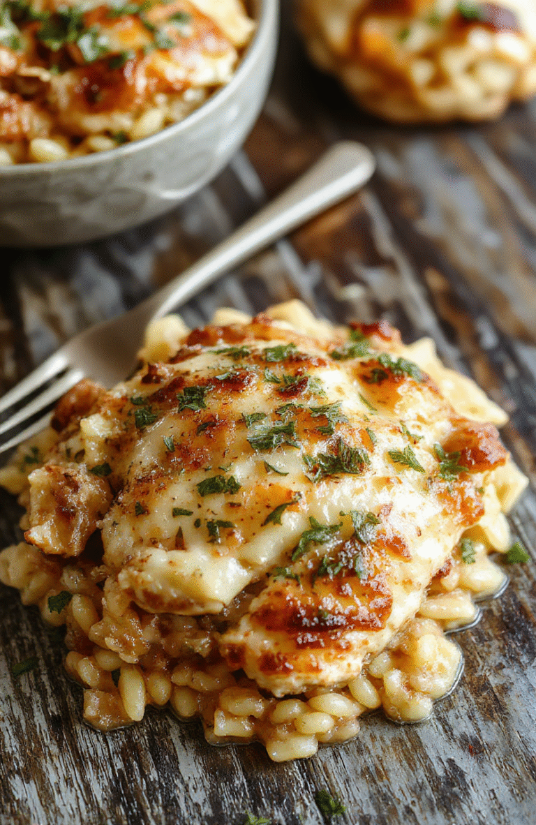 A colorful casserole dish filled with golden baked chicken, creamy orzo pasta, caramelized onions, melted cheese, sprinkled with herbs, styled on a rustic wooden surface with a warm ambiance.
