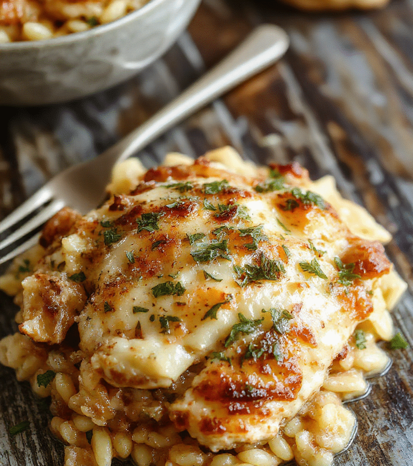 A colorful casserole dish filled with golden baked chicken, creamy orzo pasta, caramelized onions, melted cheese, sprinkled with herbs, styled on a rustic wooden surface with a warm ambiance.