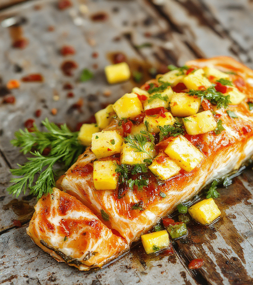 A vibrant plate of grilled salmon topped with a colorful mango salsa featuring diced ripe mango, red onion, cilantro, and lime juice, garnished with fresh herbs. The dish is served on a white ceramic plate with a rustic wooden background, highlighting the bright orange, green, and red colors with a glossy finish on the fish's surface and a juicy, textured salsa topping.