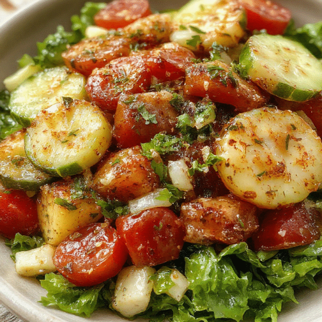 A vibrant Mediterranean salad featuring sliced cucumbers, ripe tomatoes, and thinly sliced onions arranged on a white ceramic plate. The colorful vegetables are drizzled with olive oil and sprinkled with herbs, creating a fresh and inviting presentation. The salad is garnished with crumbled feta cheese and fresh parsley, highlighting textures and vibrant colors, styled casually on a rustic wooden table.