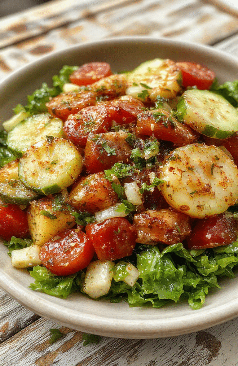 A vibrant Mediterranean salad featuring sliced cucumbers, ripe tomatoes, and thinly sliced onions arranged on a white ceramic plate. The colorful vegetables are drizzled with olive oil and sprinkled with herbs, creating a fresh and inviting presentation. The salad is garnished with crumbled feta cheese and fresh parsley, highlighting textures and vibrant colors, styled casually on a rustic wooden table.