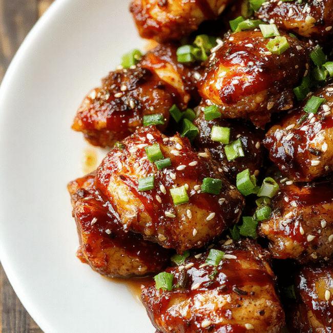 A vibrant plate of gluten-free air fryer teriyaki chicken featuring golden-brown crispy chicken pieces glazed with glossy teriyaki sauce, garnished with sesame seeds and chopped green onions, all styled on a clean white plate with a subtle wooden background, evoking a fresh and appetizing look with textures highlighting the crispiness and glossy sauce