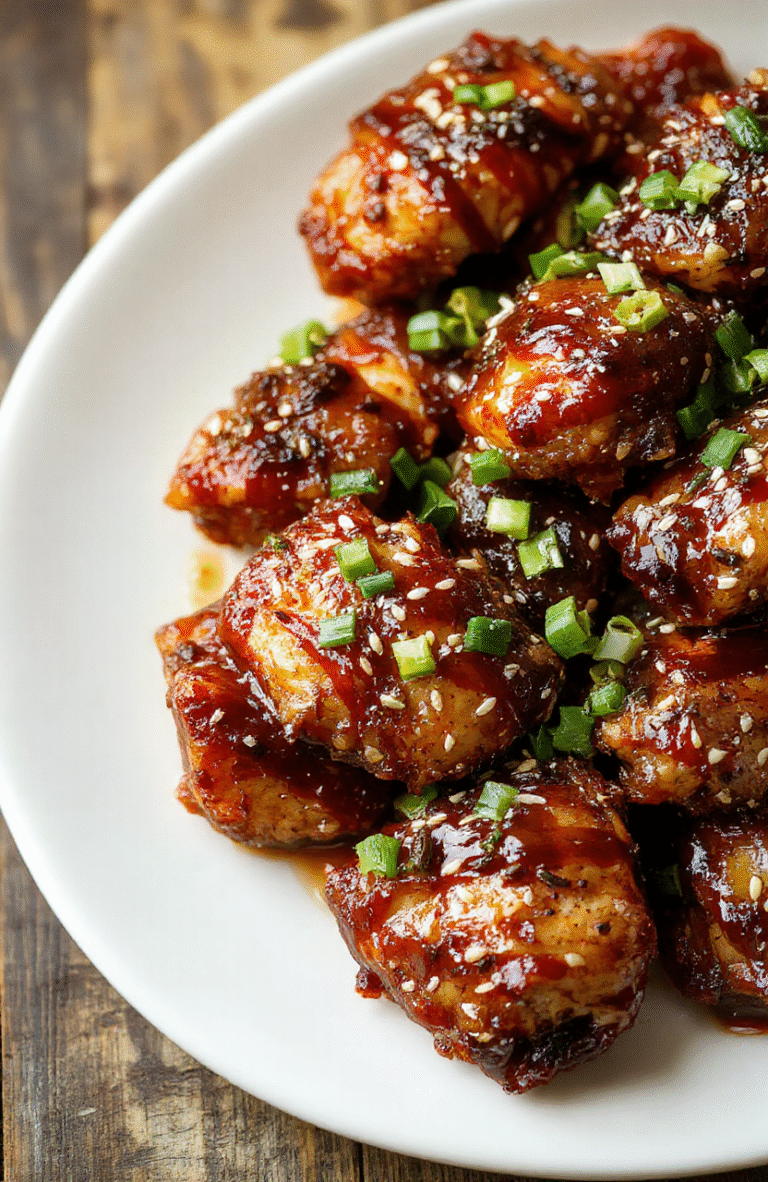 A vibrant plate of gluten-free air fryer teriyaki chicken featuring golden-brown crispy chicken pieces glazed with glossy teriyaki sauce, garnished with sesame seeds and chopped green onions, all styled on a clean white plate with a subtle wooden background, evoking a fresh and appetizing look with textures highlighting the crispiness and glossy sauce