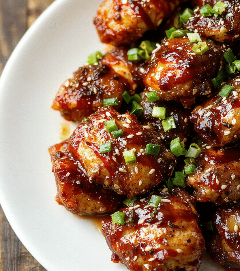 A vibrant plate of gluten-free air fryer teriyaki chicken featuring golden-brown crispy chicken pieces glazed with glossy teriyaki sauce, garnished with sesame seeds and chopped green onions, all styled on a clean white plate with a subtle wooden background, evoking a fresh and appetizing look with textures highlighting the crispiness and glossy sauce