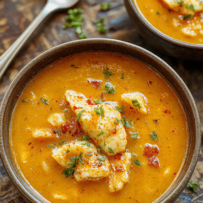 A vibrant bowl of golden turmeric chicken soup topped with fresh herbs and a slice of lime, served on a rustic wooden table. The soup has a rich, creamy texture with visible chunks of chicken and vegetables, garnished with cilantro. The scene features warm, natural lighting highlighting the golden hue and fresh ingredients, styled simply for a cozy, inviting look.