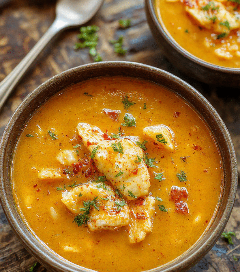 A vibrant bowl of golden turmeric chicken soup topped with fresh herbs and a slice of lime, served on a rustic wooden table. The soup has a rich, creamy texture with visible chunks of chicken and vegetables, garnished with cilantro. The scene features warm, natural lighting highlighting the golden hue and fresh ingredients, styled simply for a cozy, inviting look.