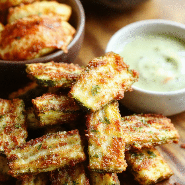 Golden crispy zucchini fries arranged on a white plate, lightly seasoned with herbs, with a side of dipping sauce. The fries have a crunchy exterior and tender interior, with vibrant green zucchini peeking through the golden coating. The presentation is simple yet appetizing, set on a rustic wooden surface with natural light highlighting the textures and colors.
