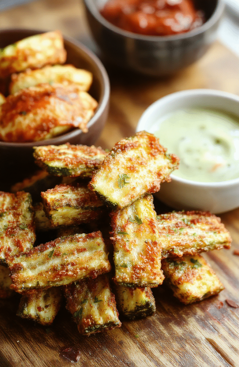 Golden crispy zucchini fries arranged on a white plate, lightly seasoned with herbs, with a side of dipping sauce. The fries have a crunchy exterior and tender interior, with vibrant green zucchini peeking through the golden coating. The presentation is simple yet appetizing, set on a rustic wooden surface with natural light highlighting the textures and colors.