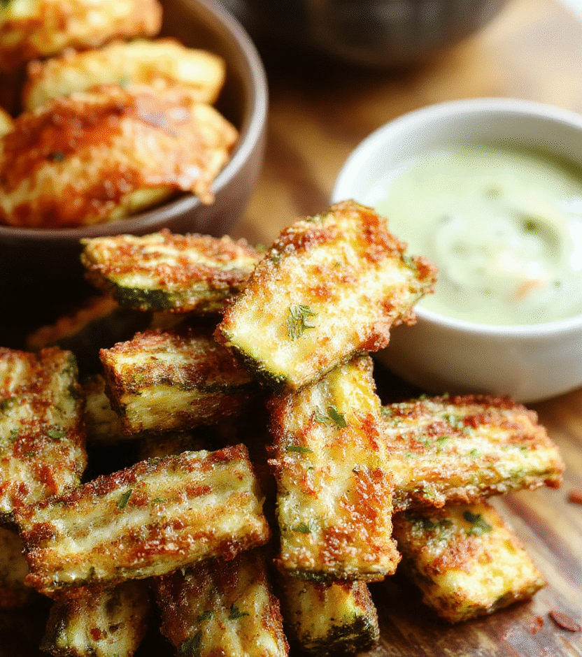 Golden crispy zucchini fries arranged on a white plate, lightly seasoned with herbs, with a side of dipping sauce. The fries have a crunchy exterior and tender interior, with vibrant green zucchini peeking through the golden coating. The presentation is simple yet appetizing, set on a rustic wooden surface with natural light highlighting the textures and colors.