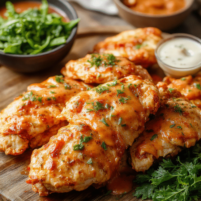 A vibrant plate of crispy baked buffalo ranch chicken strips arranged neatly on a rustic wooden platter. The golden-brown chicken strips are coated with a glossy buffalo sauce and sprinkled with fresh parsley. Alongside, there is a small bowl of creamy ranch dipping sauce, and the background features a light-colored cloth napkin and a few leafy greens, creating a fresh and inviting presentation.