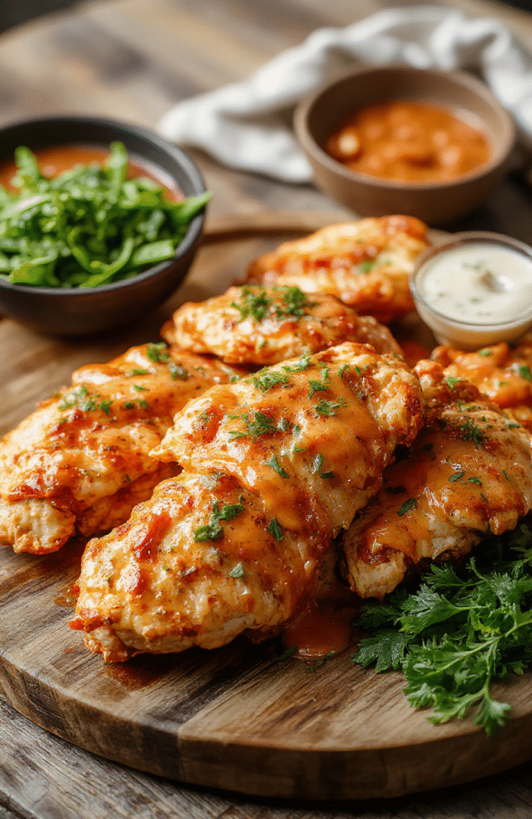 A vibrant plate of crispy baked buffalo ranch chicken strips arranged neatly on a rustic wooden platter. The golden-brown chicken strips are coated with a glossy buffalo sauce and sprinkled with fresh parsley. Alongside, there is a small bowl of creamy ranch dipping sauce, and the background features a light-colored cloth napkin and a few leafy greens, creating a fresh and inviting presentation.