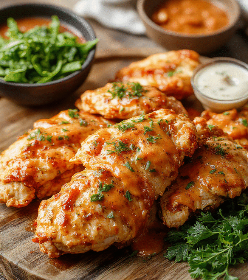 A vibrant plate of crispy baked buffalo ranch chicken strips arranged neatly on a rustic wooden platter. The golden-brown chicken strips are coated with a glossy buffalo sauce and sprinkled with fresh parsley. Alongside, there is a small bowl of creamy ranch dipping sauce, and the background features a light-colored cloth napkin and a few leafy greens, creating a fresh and inviting presentation.