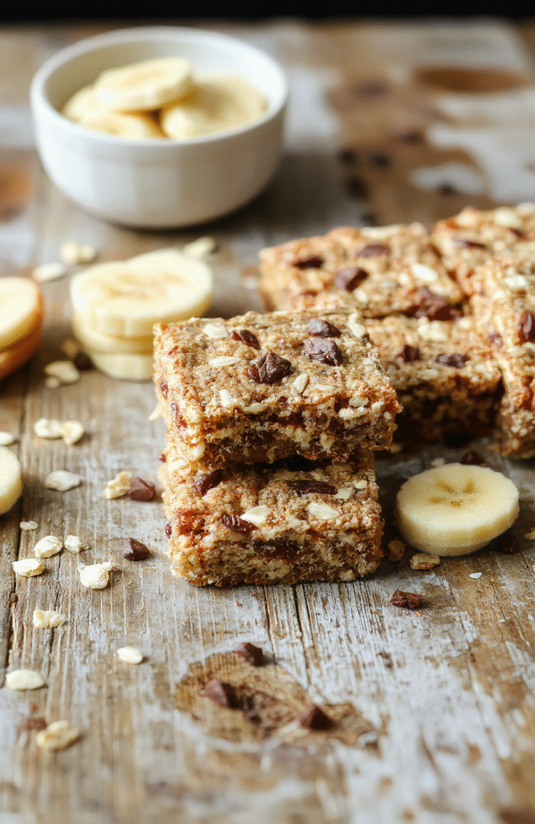 Colorful banana oatmeal bars arranged on a light wooden platter, showcasing their golden-brown crust and chunky banana pieces. The bars are topped with a sprinkle of oats and a drizzle of honey, with a few slices of fresh banana and a sprig of mint nearby. The presentation emphasizes rustic, wholesome textures with soft shadows and natural daylight highlighting the inviting surface.