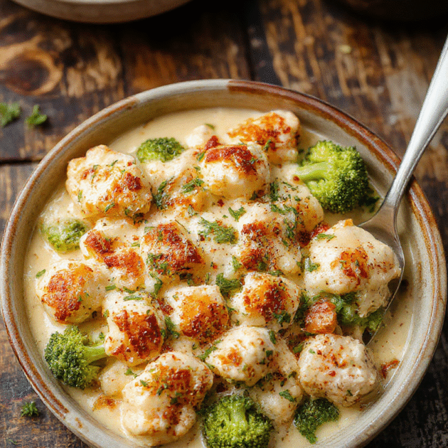 A vibrant broccoli and chicken casserole served in a white ceramic dish, topped with melted cheese and fresh herbs, with a golden crust highlighting the textures, arranged on a rustic wooden table with fresh broccoli florets and chicken pieces nearby, styled for a homely, appetizing presentation.