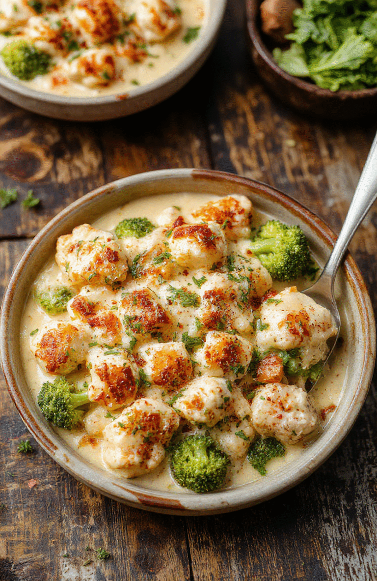 A vibrant broccoli and chicken casserole served in a white ceramic dish, topped with melted cheese and fresh herbs, with a golden crust highlighting the textures, arranged on a rustic wooden table with fresh broccoli florets and chicken pieces nearby, styled for a homely, appetizing presentation.