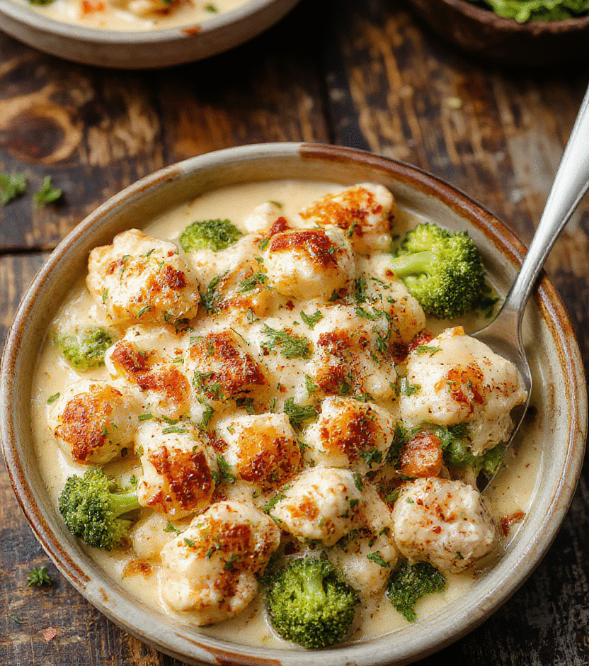 A vibrant broccoli and chicken casserole served in a white ceramic dish, topped with melted cheese and fresh herbs, with a golden crust highlighting the textures, arranged on a rustic wooden table with fresh broccoli florets and chicken pieces nearby, styled for a homely, appetizing presentation.