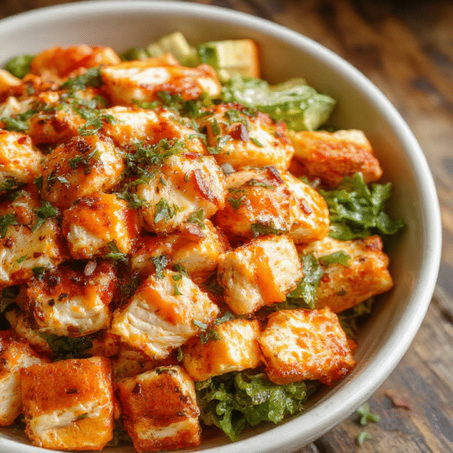 A vibrant buffalo chicken salad served in a white bowl, featuring shredded grilled chicken coated in spicy buffalo sauce, topped with crisp celery slices, and garnished with chopped green onions and blue cheese crumbles. The salad sits on a rustic wooden table with a blurred background, showcasing a fresh and colorful presentation with textures of tender chicken, crunchy celery, and creamy cheese.