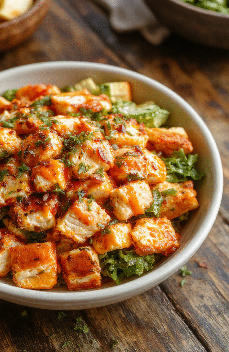 A vibrant buffalo chicken salad served in a white bowl, featuring shredded grilled chicken coated in spicy buffalo sauce, topped with crisp celery slices, and garnished with chopped green onions and blue cheese crumbles. The salad sits on a rustic wooden table with a blurred background, showcasing a fresh and colorful presentation with textures of tender chicken, crunchy celery, and creamy cheese.