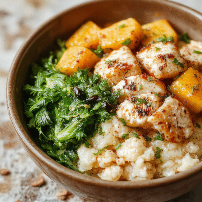 A colorful rice bowl featuring tender diced chicken, roasted sweet potatoes, vibrant vegetables like bell peppers and spinach, all arranged neatly on a white plate with a garnish of fresh herbs. The ingredients are steaming, showcasing textures of crispy roasted sweet potatoes and juicy chicken pieces, with a backdrop of a rustic wooden table and soft natural daylight.